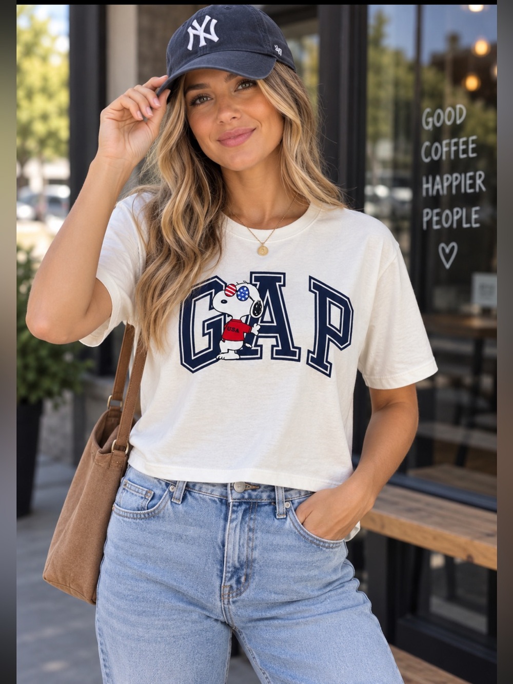 GAP Snoopy White Short Sleeve Tee with USA Graphic, fits similar to a crop top.